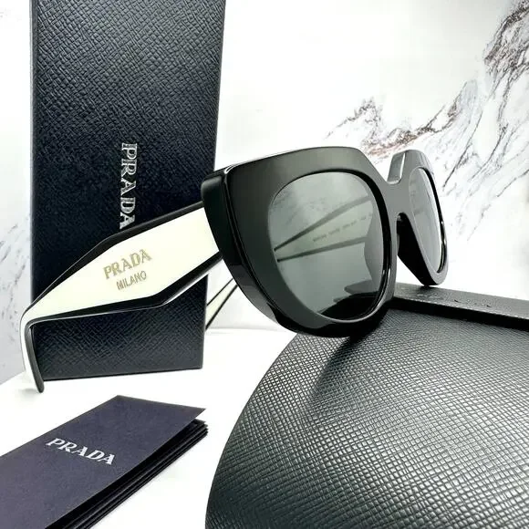 New PRADA Sunglasses Black White Talc Gold Symbole Oval Cat Eye Womens - Picture 13 of 16